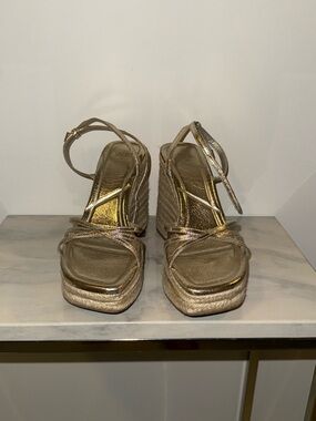 Zara Metallic Gold Strappy Wedge Sandals